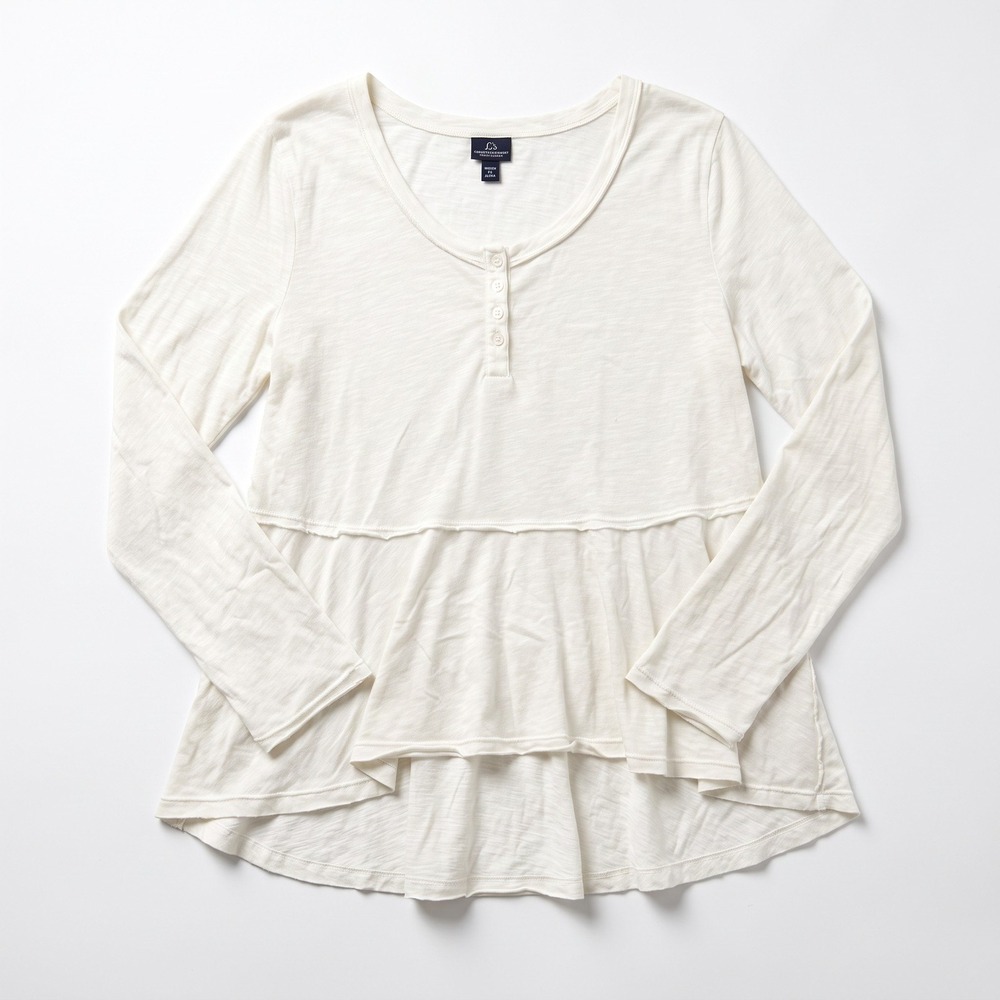 Scoop Womens L White Peplum Hem Long Sleeve Henley Top Boho Casual